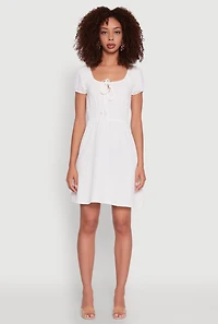 Womens Crepe Knit Puff Sleeve Peasant Dress, White, Size S
