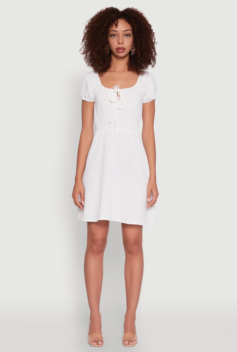 Womens Crepe Knit Puff Sleeve Peasant Dress, White,