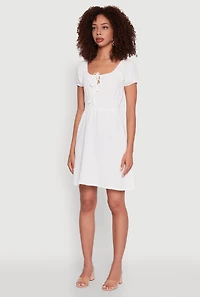 Womens Crepe Knit Puff Sleeve Peasant Dress, White,
