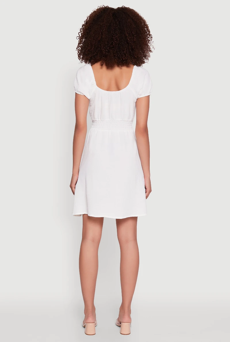Womens Crepe Knit Puff Sleeve Peasant Dress, White, Size S