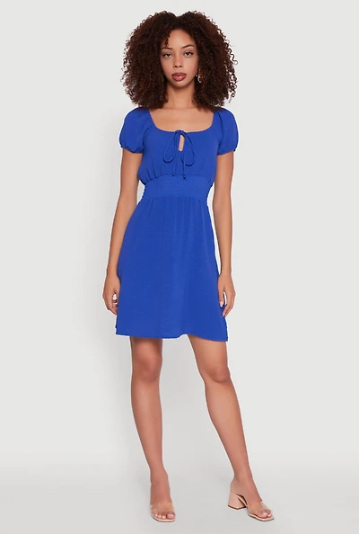 Womens Crepe Knit Puff Sleeve Peasant Dress,