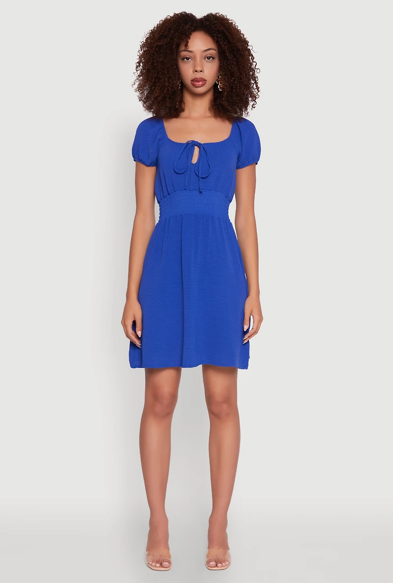 Womens Crepe Knit Puff Sleeve Peasant Dress, Blue, Size S