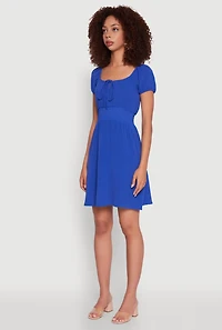 Womens Crepe Knit Puff Sleeve Peasant Dress, Blue, Size S