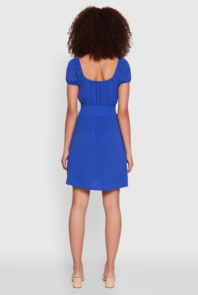 Womens Crepe Knit Puff Sleeve Peasant Dress, Blue, Size S