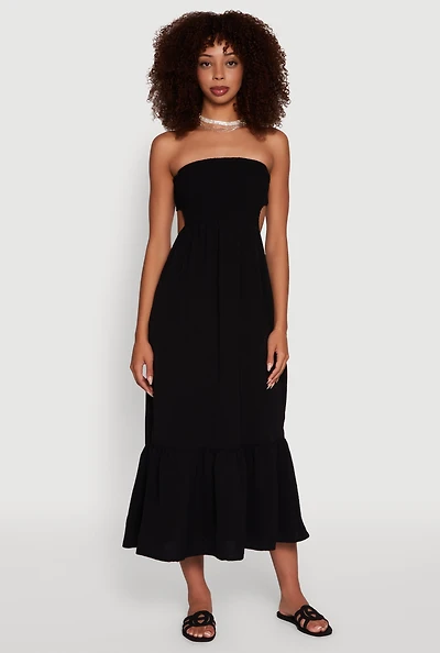 Womens Trendy Smocked Strapless Keyhole Detail Tiered Dress,