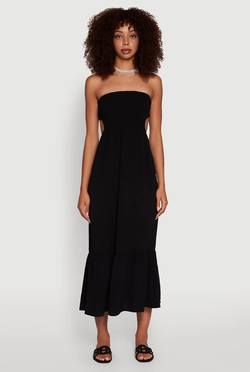 Womens Trendy Smocked Strapless Keyhole Detail Tiered Dress,