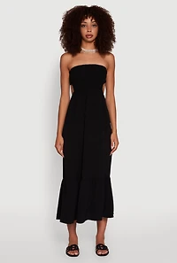 Womens Trendy Smocked Strapless Keyhole Detail Tiered Dress,