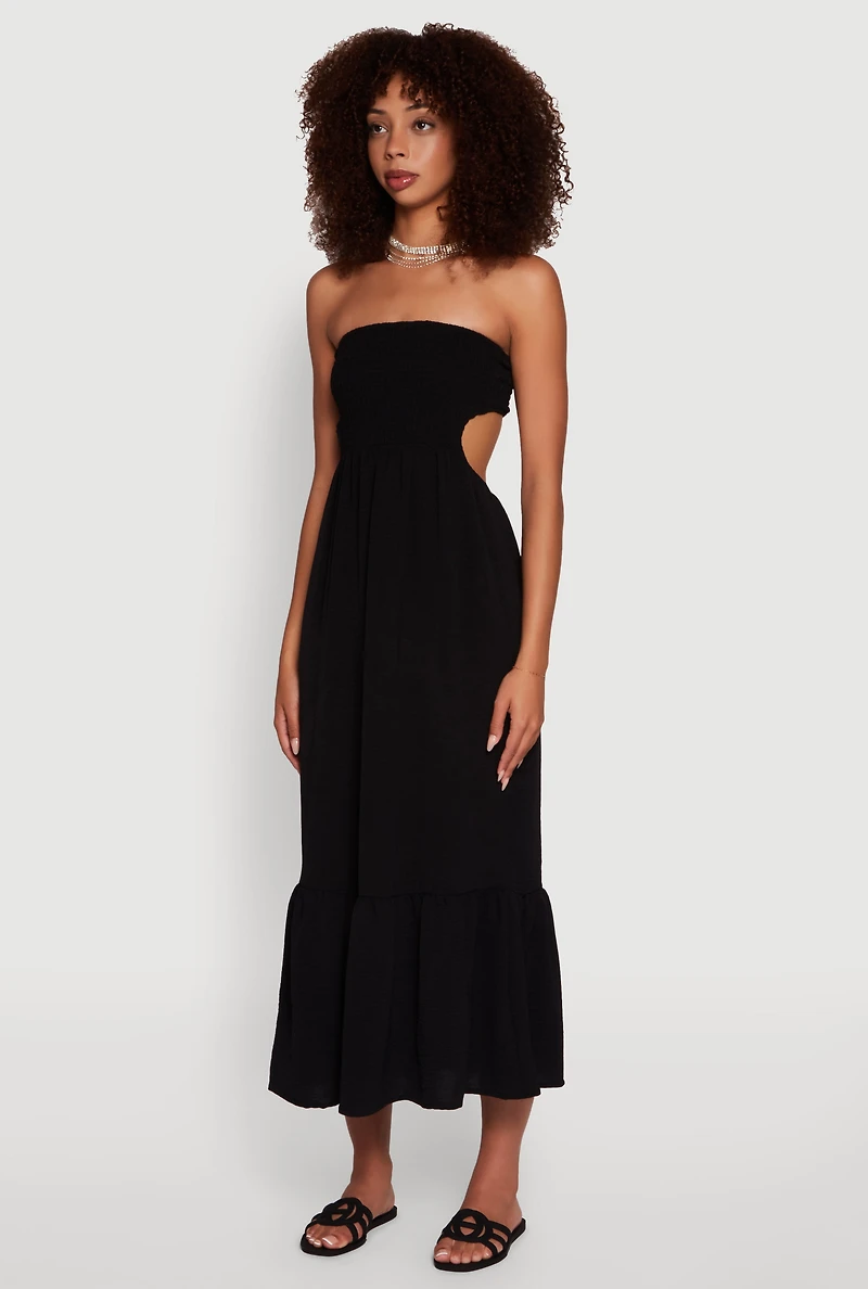 Womens Trendy Smocked Strapless Keyhole Detail Tiered Dress,