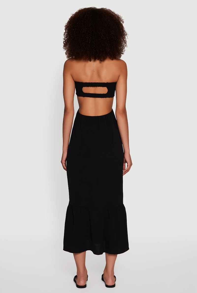 Womens Trendy Smocked Strapless Keyhole Detail Tiered Dress,