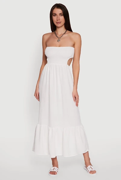 Womens Trendy Smocked Strapless Keyhole Detail Tiered Dress, White, Size L