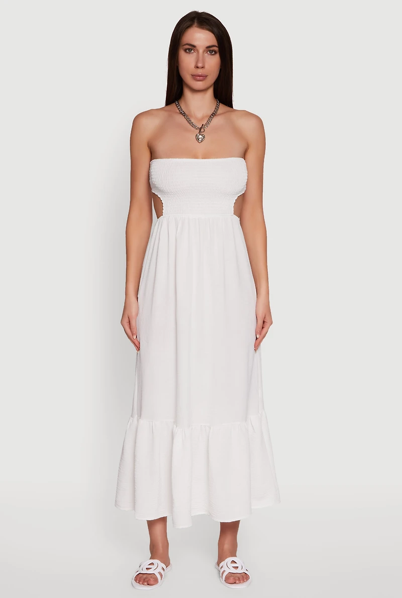 Womens Trendy Smocked Strapless Keyhole Detail Tiered Dress, White, Size L