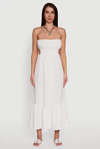 Womens Trendy Smocked Strapless Keyhole Detail Tiered Dress, White, Size L