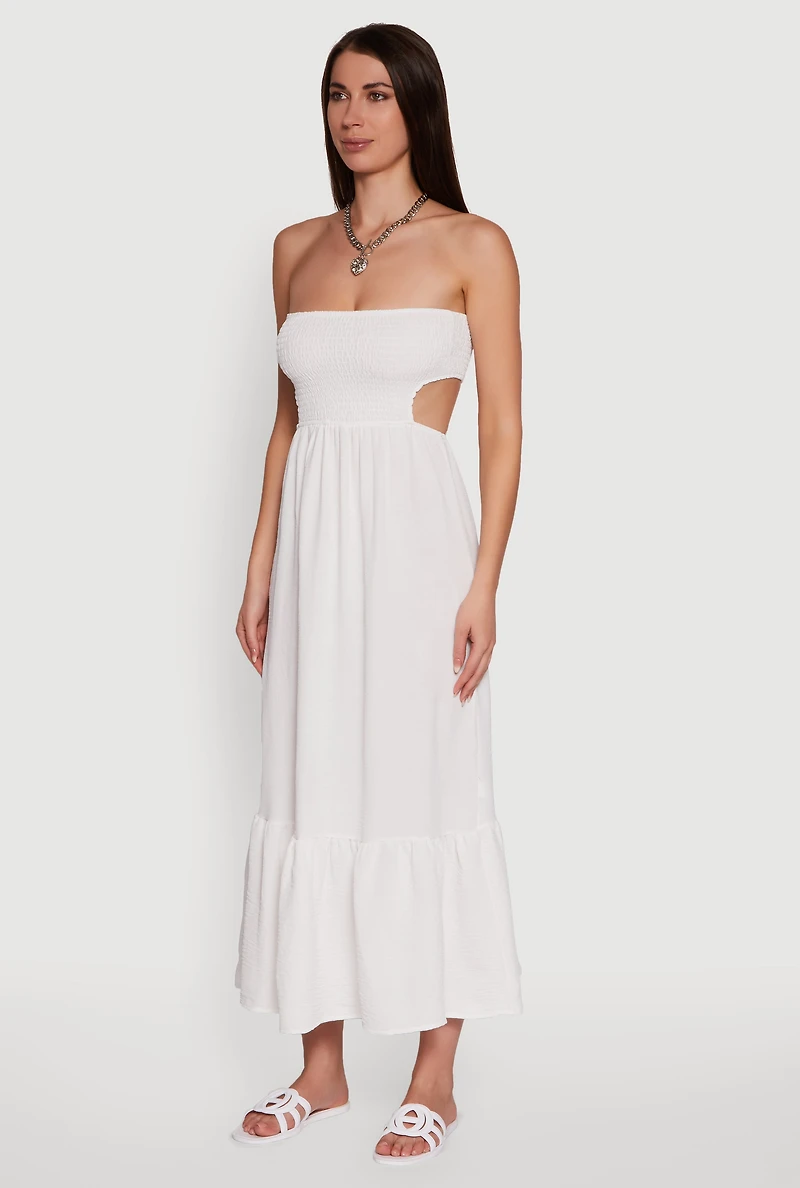 Womens Trendy Smocked Strapless Keyhole Detail Tiered Dress, White, Size L