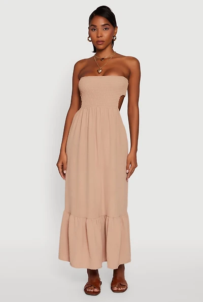 Womens Trendy Smocked Strapless Keyhole Detail Tiered Dress, Beige, Size M