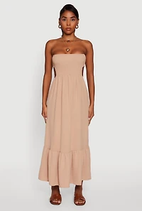 Womens Trendy Smocked Strapless Keyhole Detail Tiered Dress, Beige, Size M
