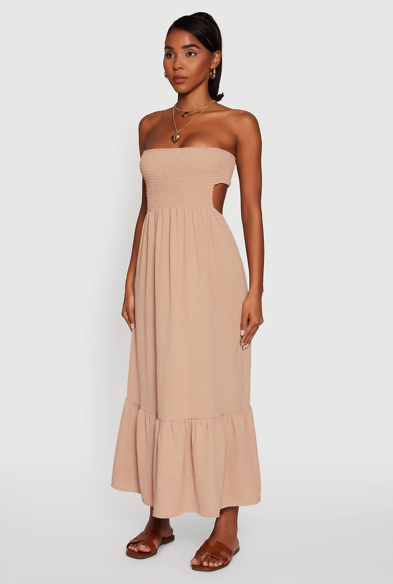 Womens Trendy Smocked Strapless Keyhole Detail Tiered Dress, Beige, Size M