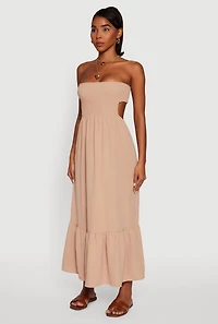Womens Trendy Smocked Strapless Keyhole Detail Tiered Dress, Beige, Size M