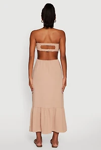 Womens Trendy Smocked Strapless Keyhole Detail Tiered Dress, Beige, Size M