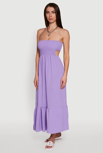 Womens Trendy Smocked Strapless Keyhole Detail Tiered Dress, Purple, Size S