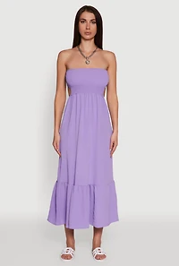 Womens Trendy Smocked Strapless Keyhole Detail Tiered Dress, Purple, Size S