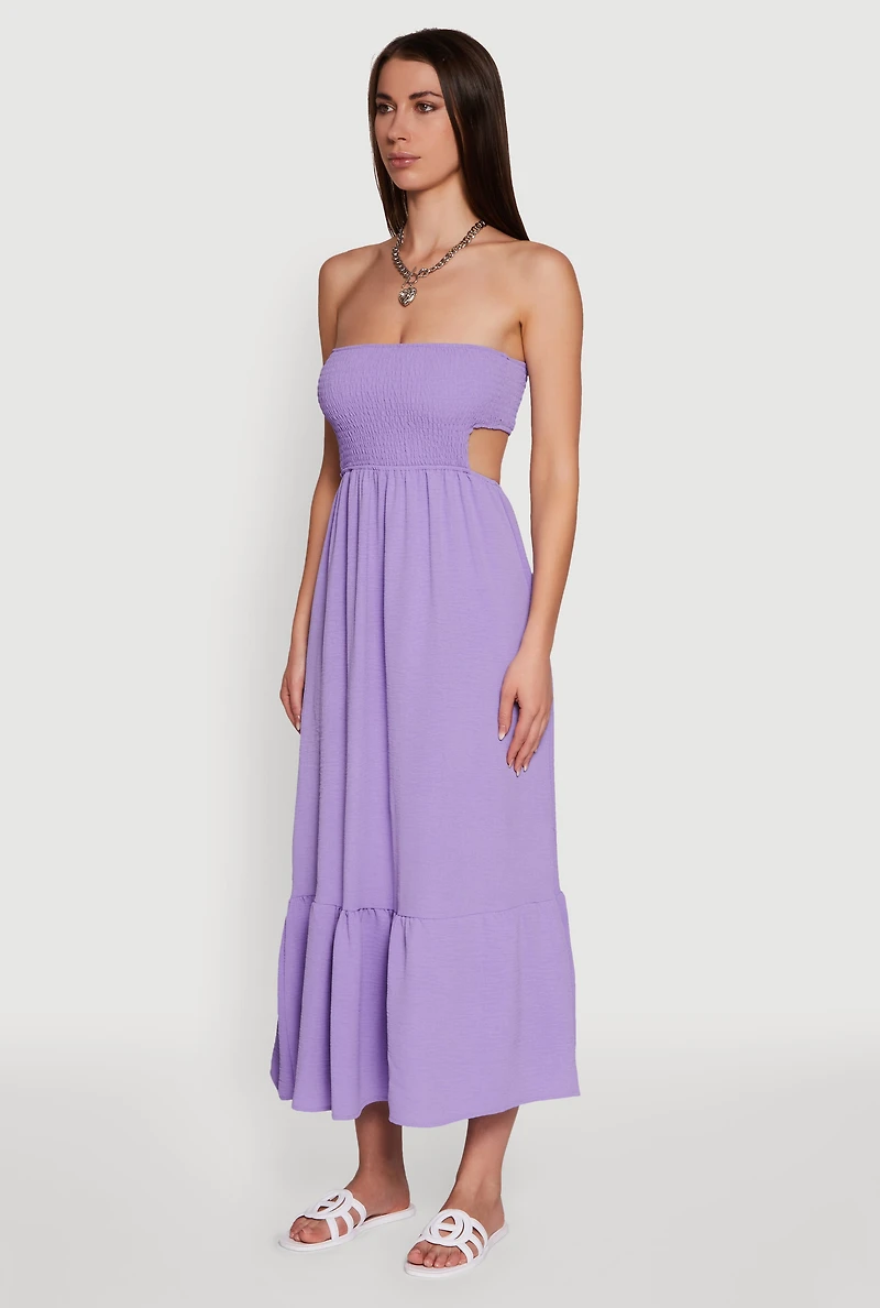 Womens Trendy Smocked Strapless Keyhole Detail Tiered Dress, Purple, Size M