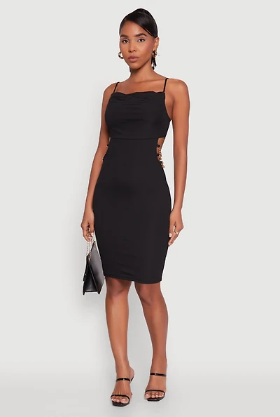 Womens Rib Knit Caged Side Midi Dress with Ornamental Chains,