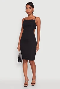 Womens Rib Knit Caged Side Midi Dress with Ornamental Chains, Black, Size XL