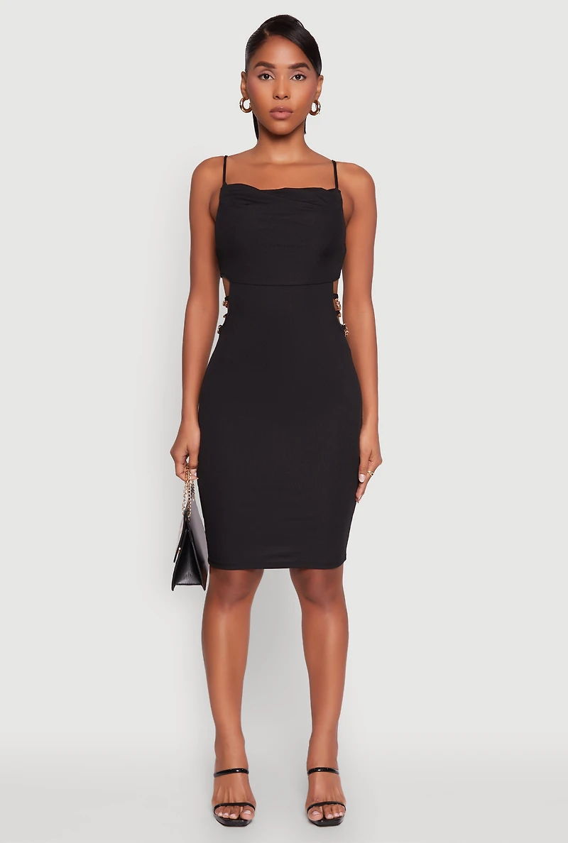 Womens Rib Knit Caged Side Midi Dress with Ornamental Chains, Black, Size M