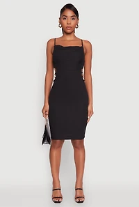 Womens Rib Knit Caged Side Midi Dress with Ornamental Chains, Black, Size M