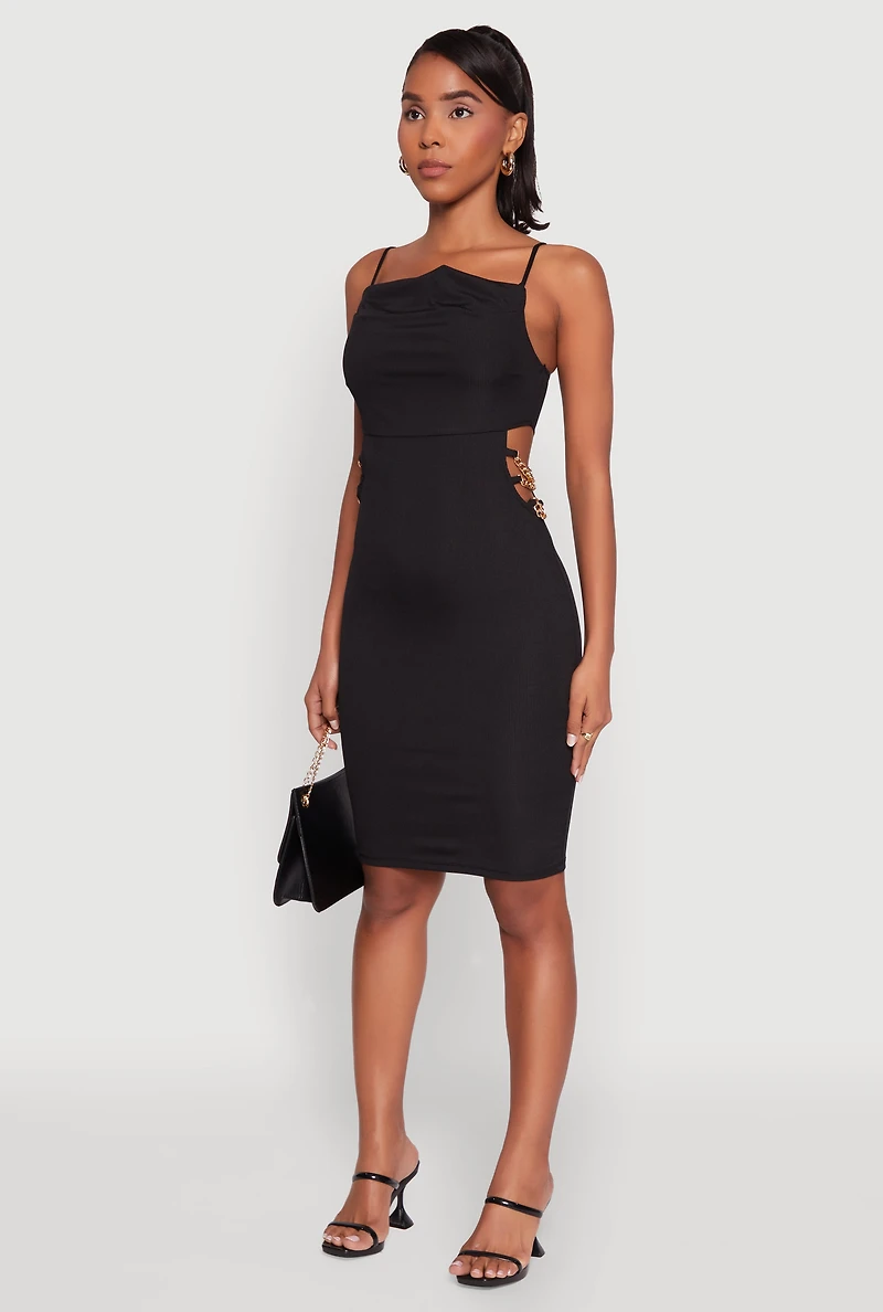 Womens Rib Knit Caged Side Midi Dress with Ornamental Chains, Black, Size XL