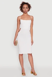 Womens Rib Knit Caged Side Midi Dress with Ornamental Chains, White, Size L