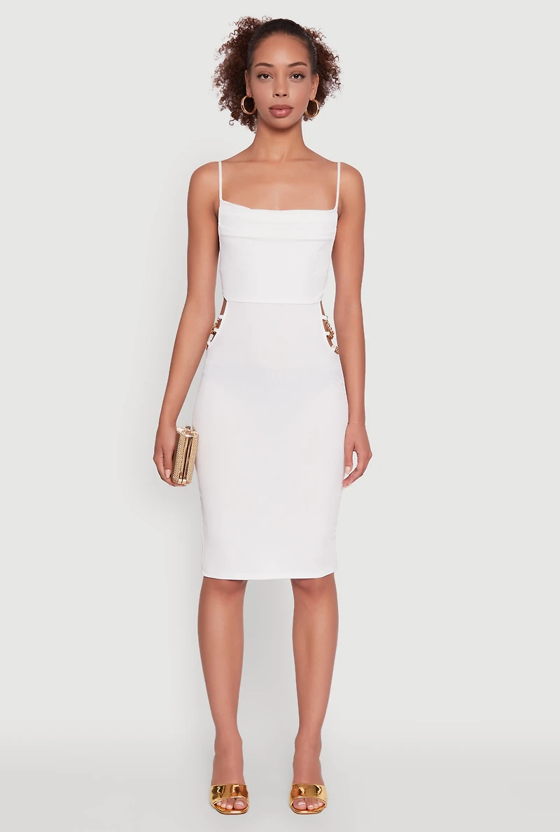 Womens Rib Knit Caged Side Midi Dress with Ornamental Chains, White, Size L
