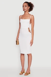 Womens Rib Knit Caged Side Midi Dress with Ornamental Chains, White, Size L