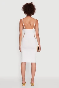Womens Rib Knit Caged Side Midi Dress with Ornamental Chains, White, Size L
