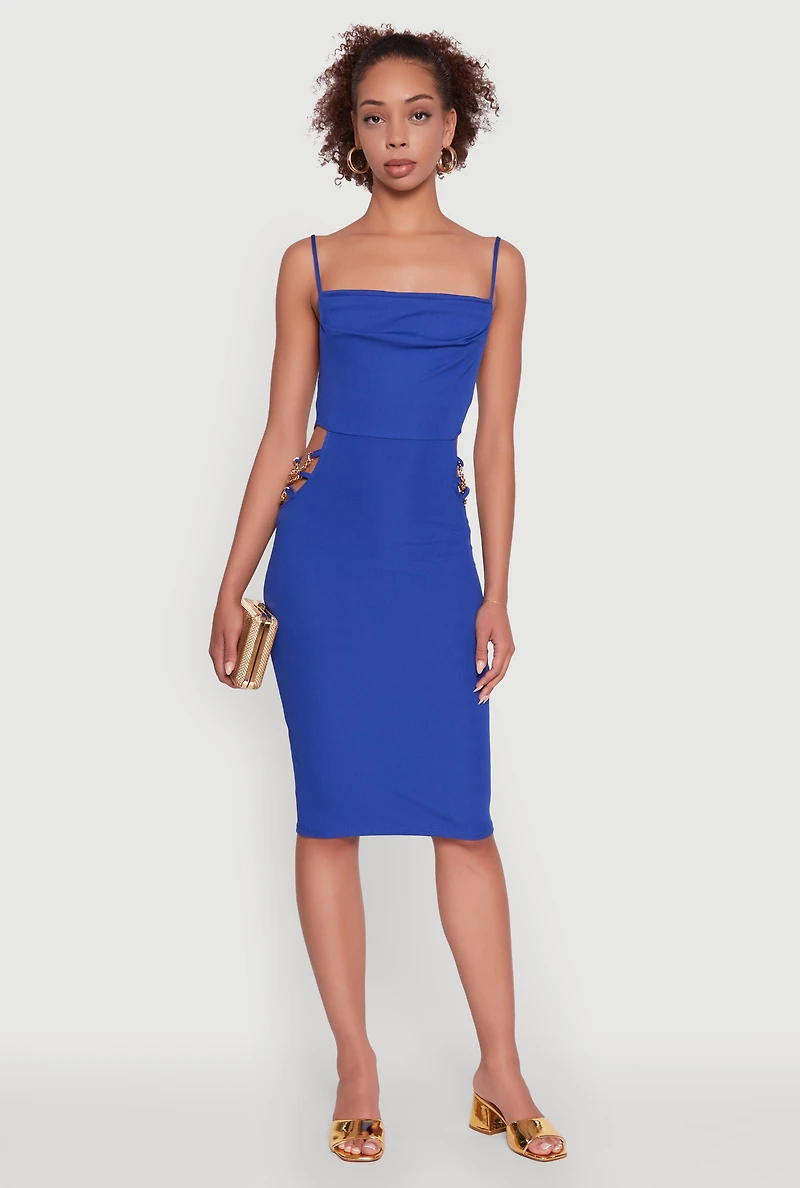 Womens Rib Knit Caged Side Midi Dress with Ornamental Chains, Blue, Size S