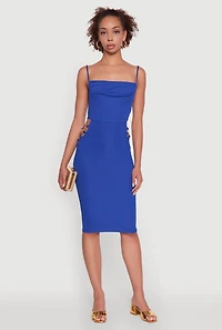 Womens Rib Knit Caged Side Midi Dress with Ornamental Chains, Blue, Size S