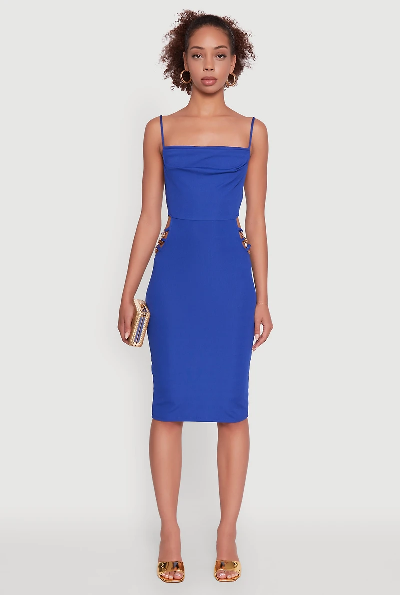 Womens Rib Knit Caged Side Midi Dress with Ornamental Chains,