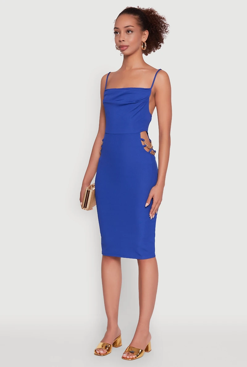 Womens Rib Knit Caged Side Midi Dress with Ornamental Chains, Blue, Size S