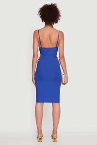 Womens Rib Knit Caged Side Midi Dress with Ornamental Chains, Blue, Size S