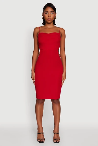 Womens Rib Knit Caged Side Midi Dress with Ornamental Chains, Red,