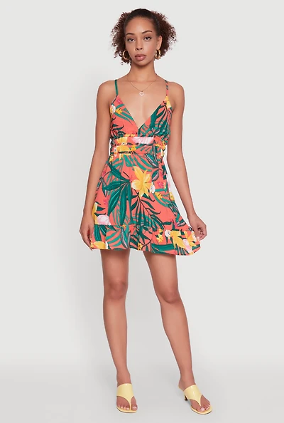 Tropical Floral Plunge Neck Sundress