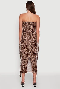 Womens Trendy Leopard Print Fringe Side Tube Dress, Brown,