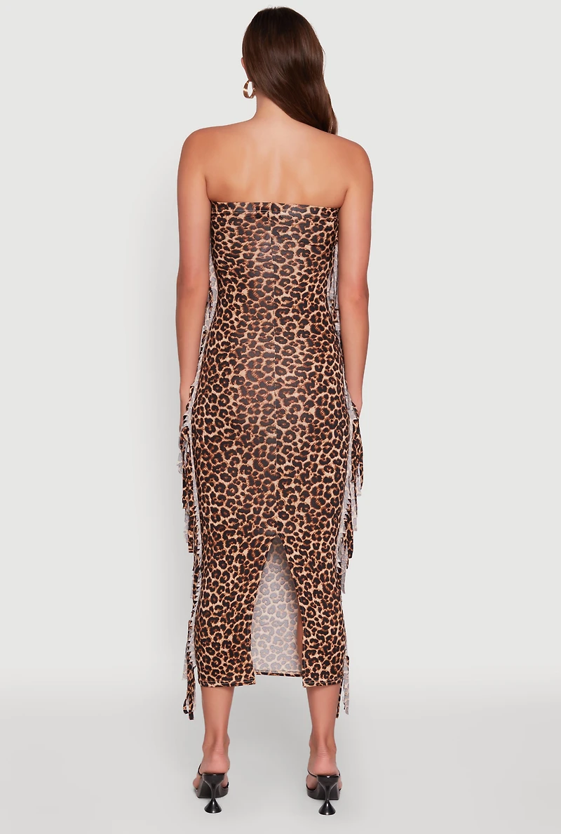 Womens Trendy Leopard Print Fringe Side Tube Dress, Brown, Size M