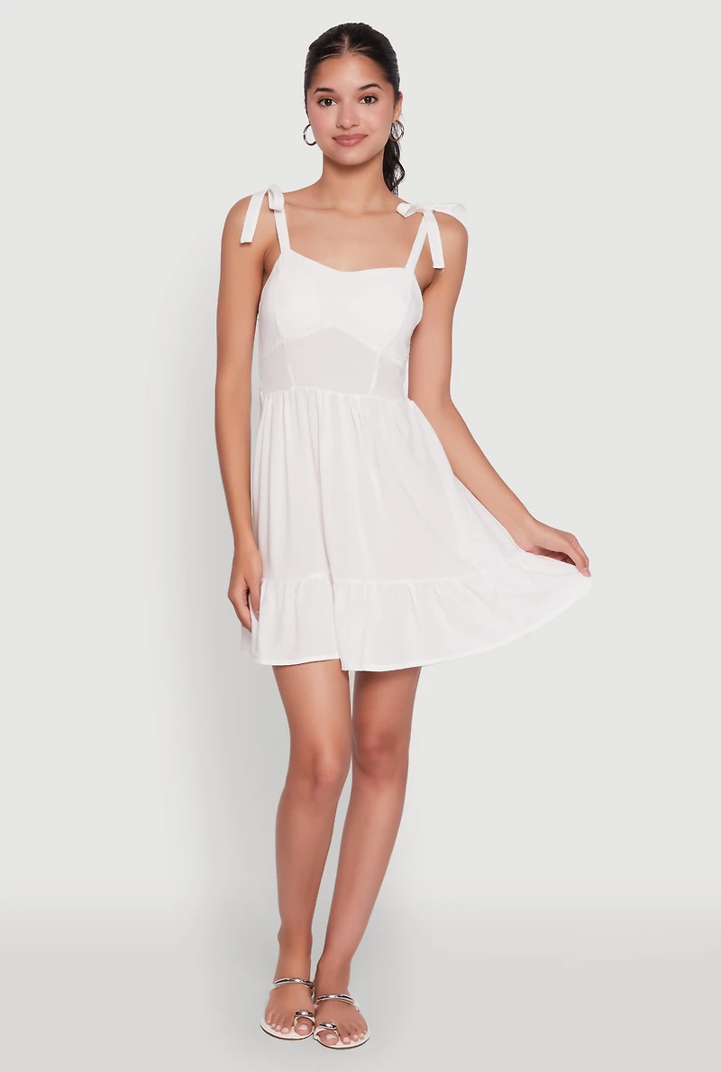 Womens Chic Sundress with Tie Straps and Sweetheart Neckline, White,