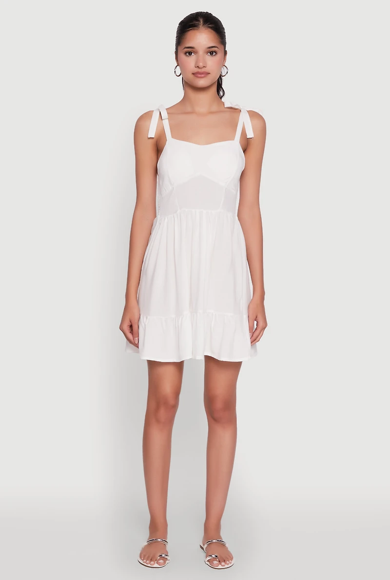 Womens Chic Sundress with Tie Straps and Sweetheart Neckline, White,