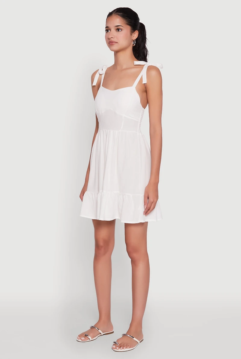 Womens Chic Sundress with Tie Straps and Sweetheart Neckline, White,