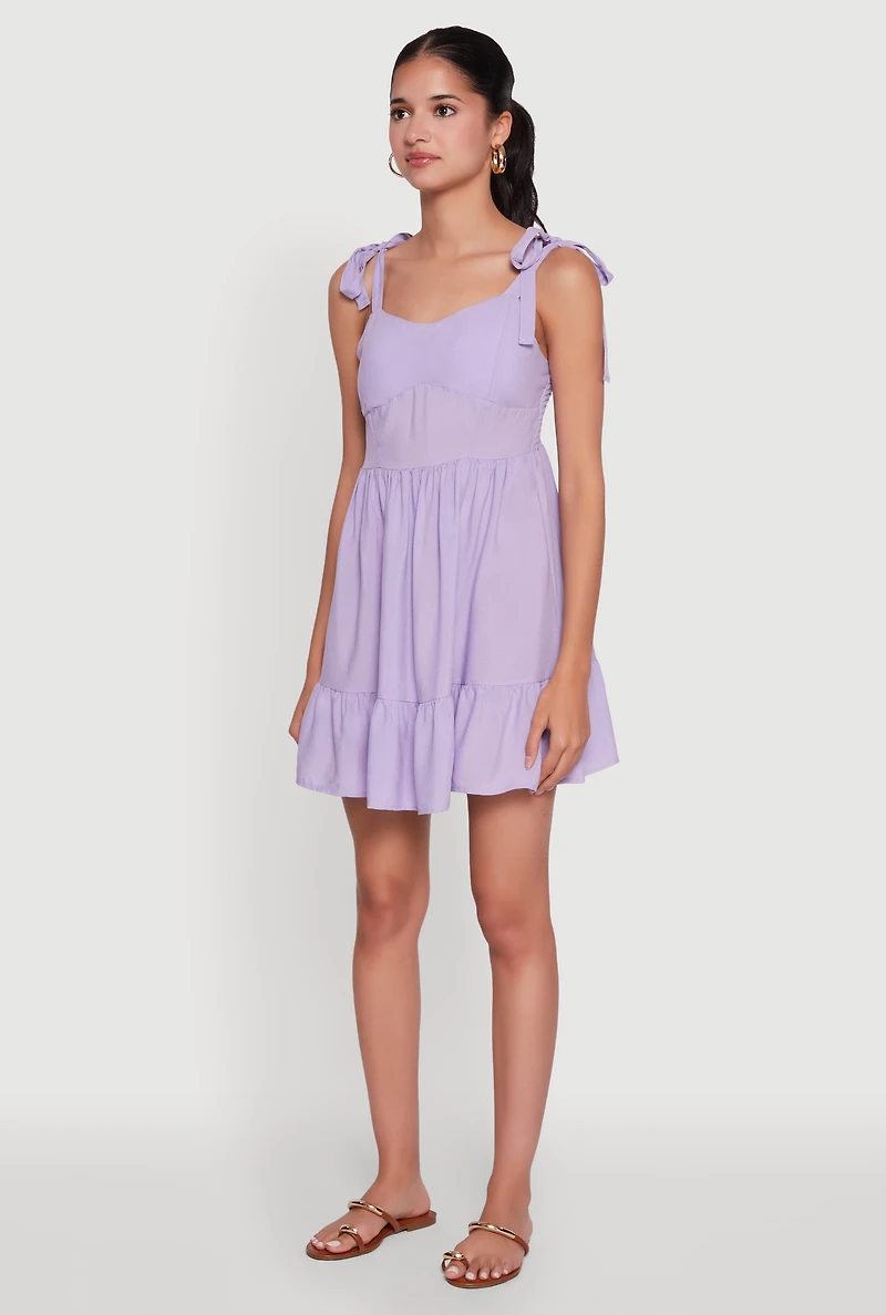 Womens Chic Sundress with Tie Straps and Sweetheart Neckline, Purple,