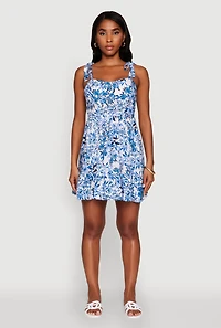 Womens Chic Floral Tie Strap Sundress with Ruffles, Blue,