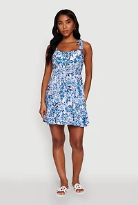 Womens Chic Floral Tie Strap Sundress with Ruffles, Blue, Size L