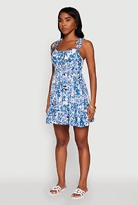 Womens Chic Floral Tie Strap Sundress with Ruffles, Blue,